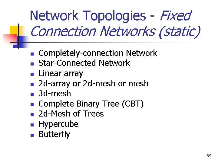 Network Topologies - Fixed Connection Networks (static) n n n n n Completely-connection Network