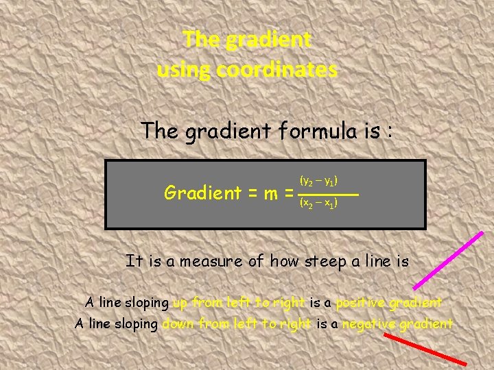 The gradient using coordinates The gradient formula is : (y 2 – y 1)