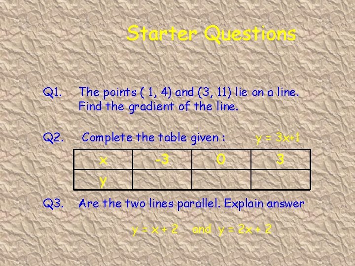 Starter Questions Q 1. The points ( 1, 4) and (3, 11) lie on