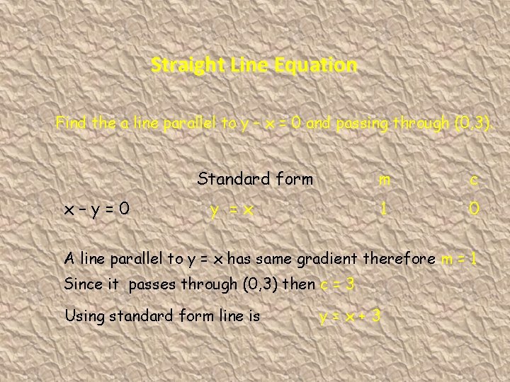 Straight Line Equation Find the a line parallel to y – x = 0