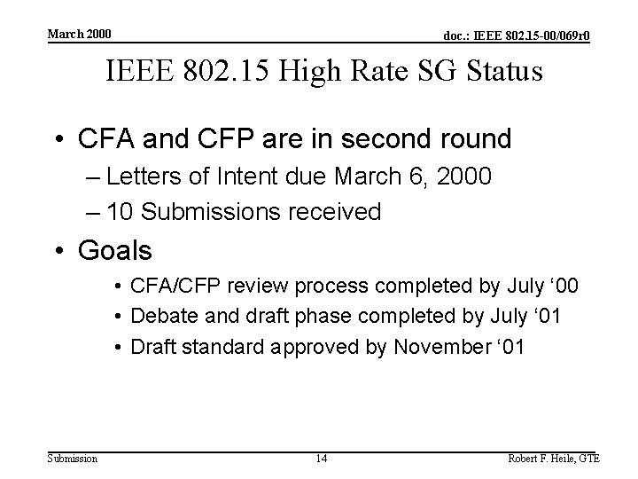March 2000 doc. : IEEE 802. 15 -00/069 r 0 IEEE 802. 15 High