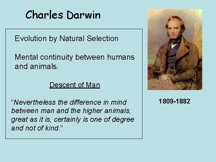Charles Darwin Evolution by Natural Selection Mental continuity between humans and animals. Descent of
