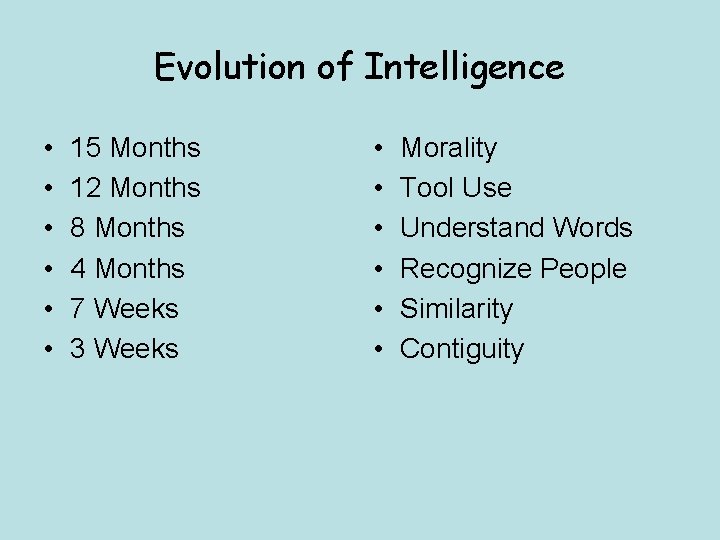 Evolution of Intelligence • • • 15 Months 12 Months 8 Months 4 Months
