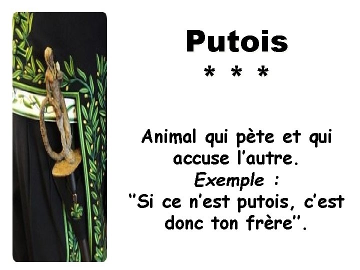 Putois *** Animal qui pète et qui accuse l’autre. Exemple : ‘’Si ce n’est