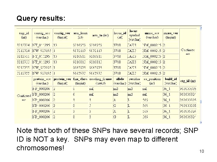 Query results: Note that both of these SNPs have several records; SNP ID is