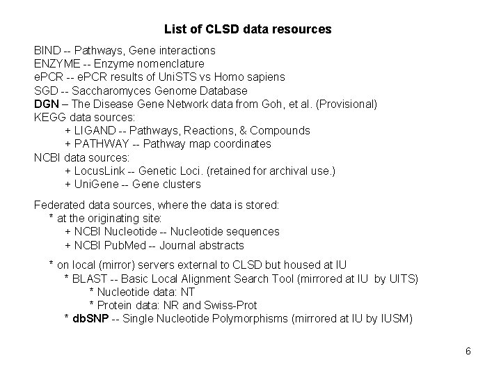 List of CLSD data resources BIND -- Pathways, Gene interactions ENZYME -- Enzyme nomenclature