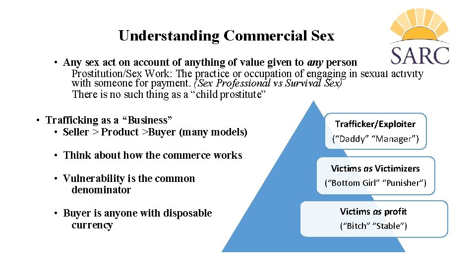 Understanding Commercial Sex • Any sex act on account of anything of value given