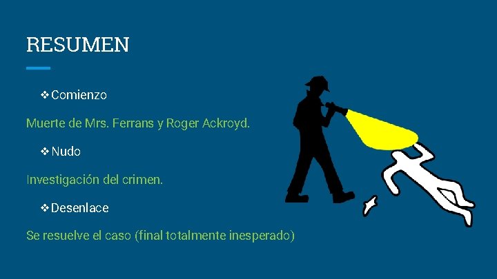 RESUMEN ❖Comienzo Muerte de Mrs. Ferrans y Roger Ackroyd. ❖Nudo Investigación del crimen. ❖Desenlace