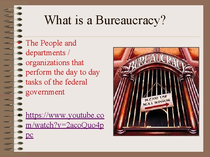 What is a Bureaucracy? • The People and departments / organizations that perform the