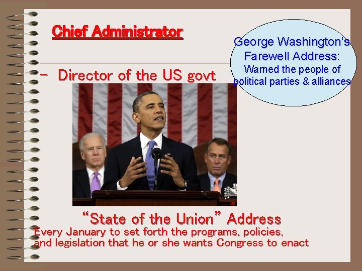 Chief Administrator - Director of the US govt George Washington’s Farewell Address: Warned the