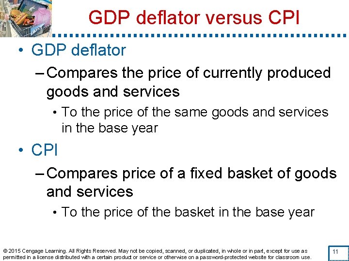 GDP deflator versus CPI • GDP deflator – Compares the price of currently produced