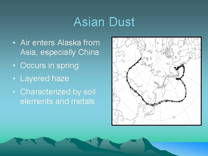 Asian Dust • Air enters Alaska from Asia, especially China • Occurs in spring