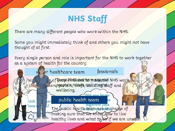 NHS Staff There are many different people who work within the NHS. Some you