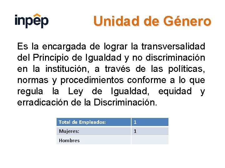 Unidad de Género Es la encargada de lograr la transversalidad del Principio de Igualdad