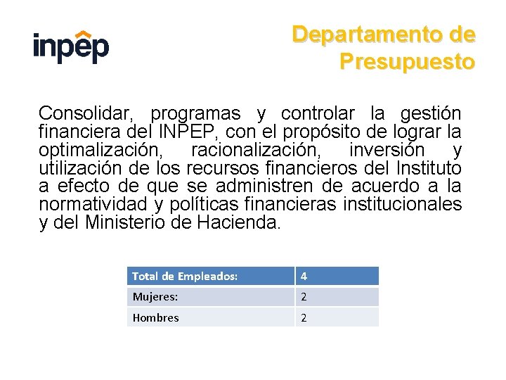 Departamento de Presupuesto Consolidar, programas y controlar la gestión financiera del INPEP, con el