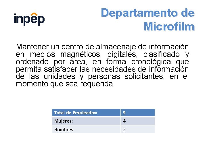 Departamento de Microfilm Mantener un centro de almacenaje de información en medios magnéticos, digitales,