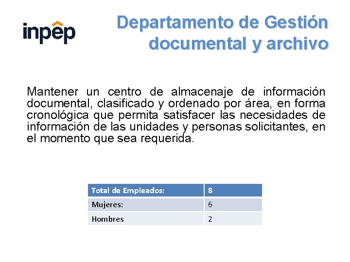 Departamento de Gestión documental y archivo Mantener un centro de almacenaje de información documental,