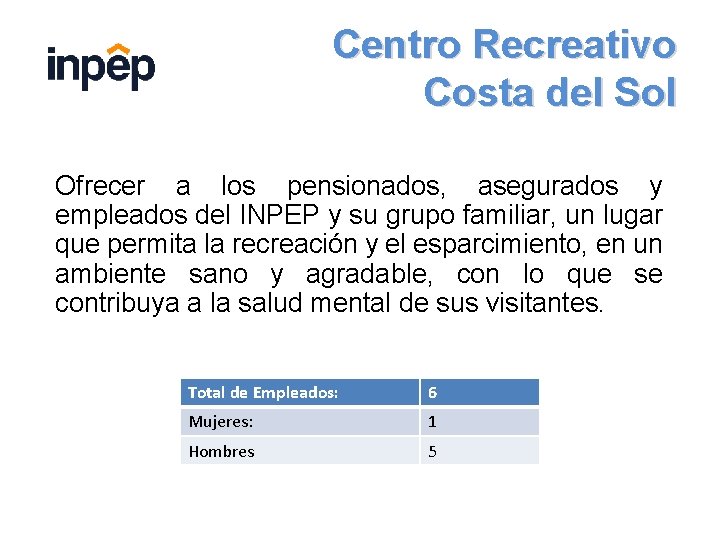 Centro Recreativo Costa del Sol Ofrecer a los pensionados, asegurados y empleados del INPEP
