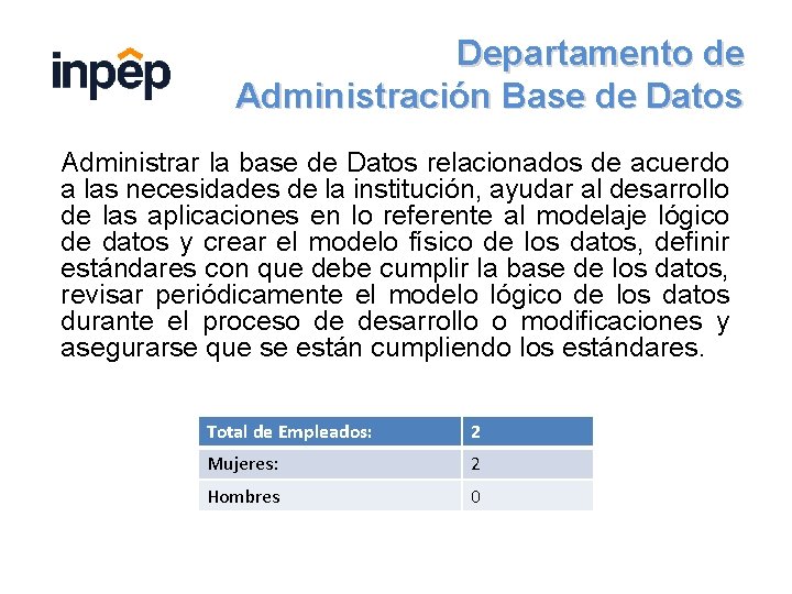 Departamento de Administración Base de Datos Administrar la base de Datos relacionados de acuerdo