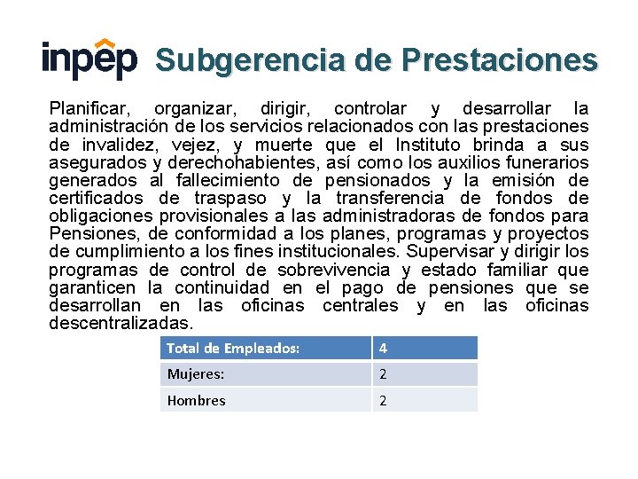 Subgerencia de Prestaciones Planificar, organizar, dirigir, controlar y desarrollar la administración de los servicios