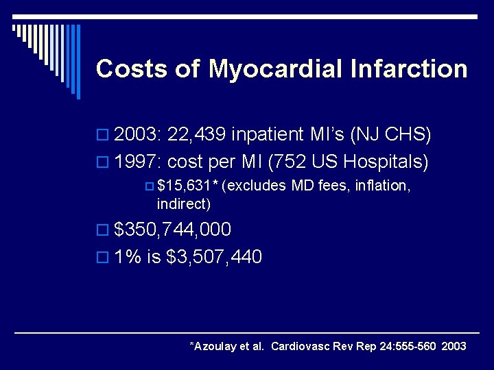 Costs of Myocardial Infarction o 2003: 22, 439 inpatient MI’s (NJ CHS) o 1997: