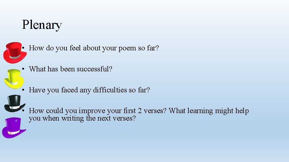 Plenary • How do you feel about your poem so far? • What has