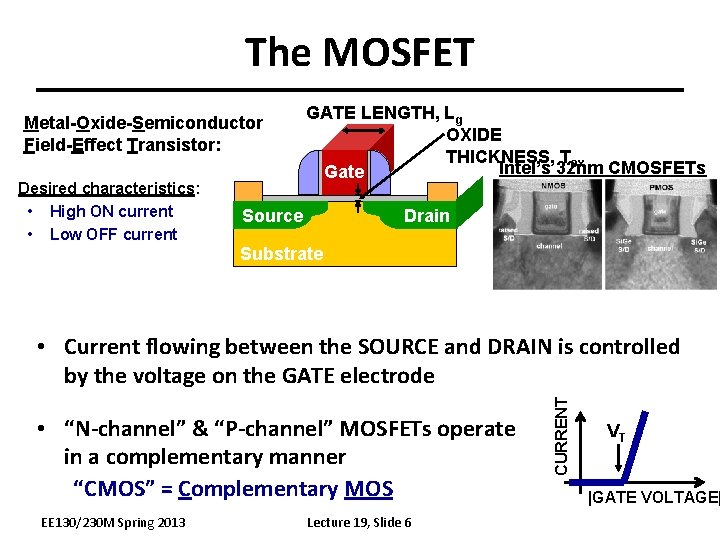 The MOSFET Metal-Oxide-Semiconductor Field-Effect Transistor: Desired characteristics: • High ON current • Low OFF