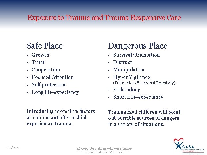 Exposure to Trauma and Trauma Responsive Care Safe Place • • • Dangerous Place Exposure to Trauma and Trauma Responsive Care Safe Place • • • Dangerous Place