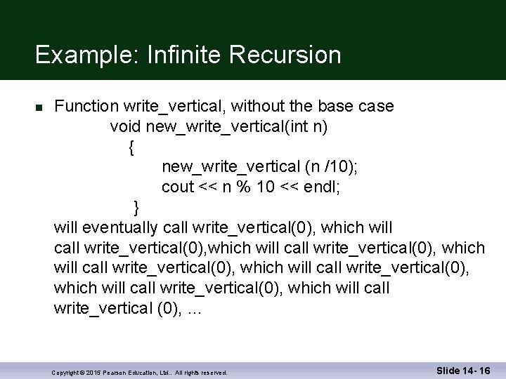 Example: Infinite Recursion n Function write_vertical, without the base case void new_write_vertical(int n) {