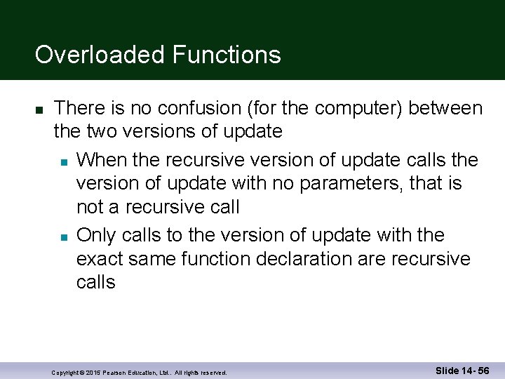 Overloaded Functions n There is no confusion (for the computer) between the two versions