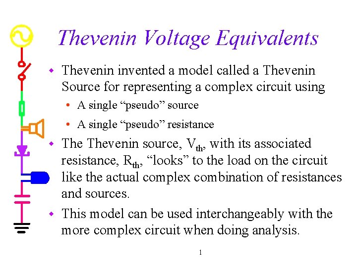 Thevenin Voltage Equivalents w Thevenin invented a model called a Thevenin Source for representing