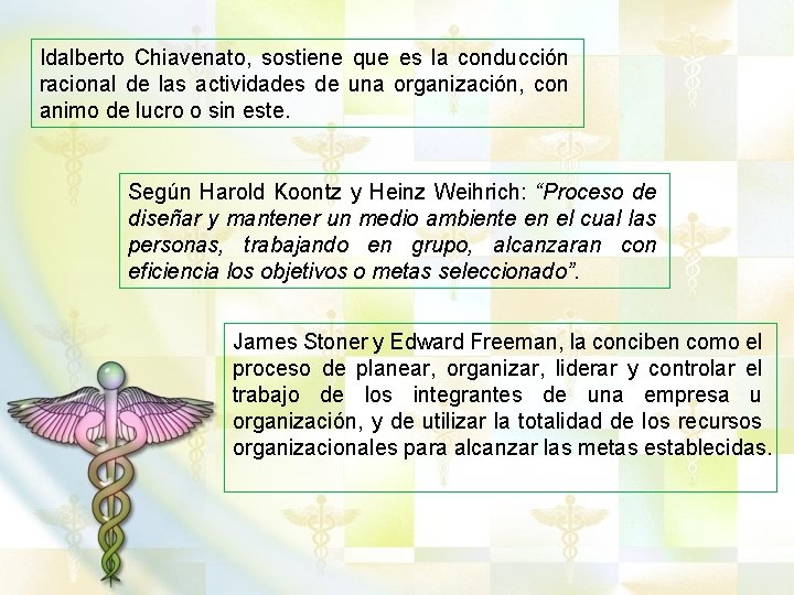 Idalberto Chiavenato, sostiene que es la conducción racional de las actividades de una organización,