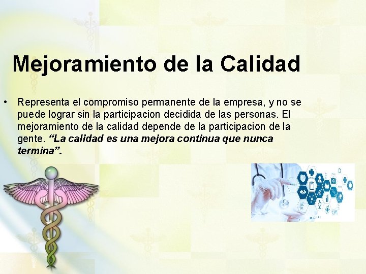 Mejoramiento de la Calidad • Representa el compromiso permanente de la empresa, y no