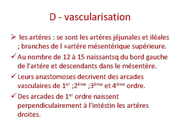D - vascularisation Ø les artéres : se sont les artéres jéjunales et iléales