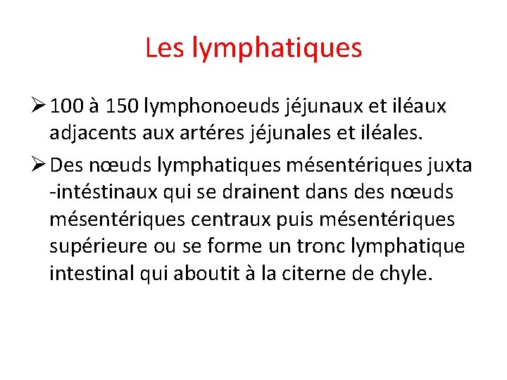 Les lymphatiques Ø 100 à 150 lymphonoeuds jéjunaux et iléaux adjacents aux artéres jéjunales