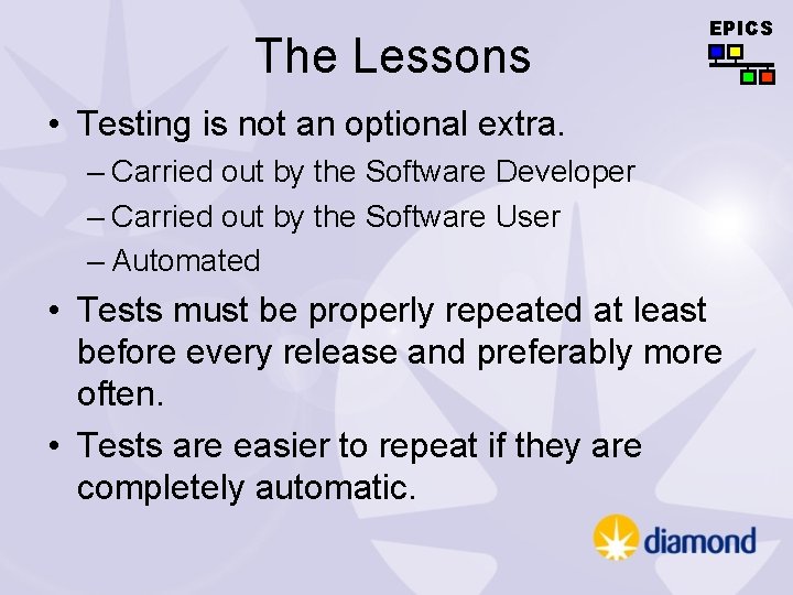 The Lessons EPICS • Testing is not an optional extra. – Carried out by