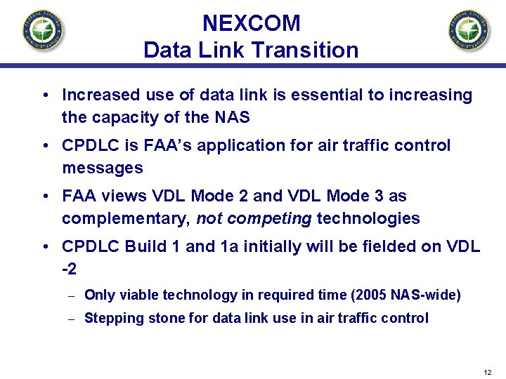 NEXCOM Data Link Transition • Increased use of data link is essential to increasing