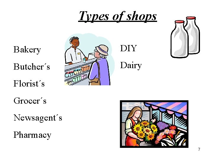 Types of shops Bakery DIY Butcher´s Dairy Florist´s Grocer´s Newsagent´s Pharmacy 7 