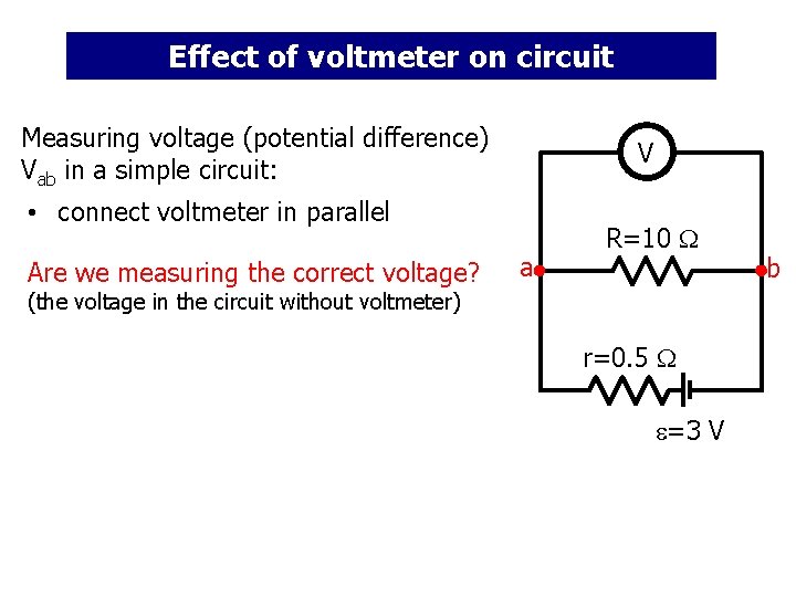 Effect of voltmeter on circuit Measuring voltage (potential difference) Vab in a simple circuit: