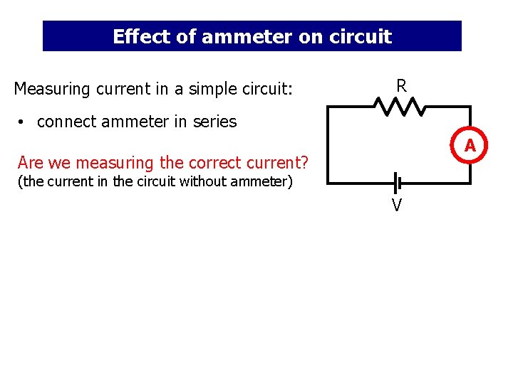 Effect of ammeter on circuit Measuring current in a simple circuit: R • connect