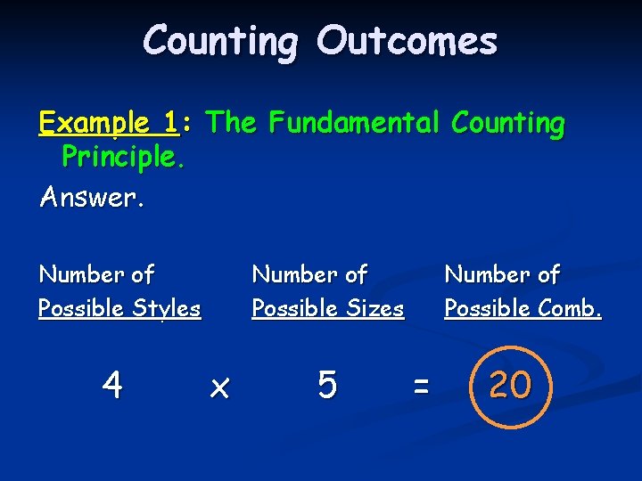 Counting Outcomes Example 1: The Fundamental Counting Principle. Answer. Number of Possible Styles 4