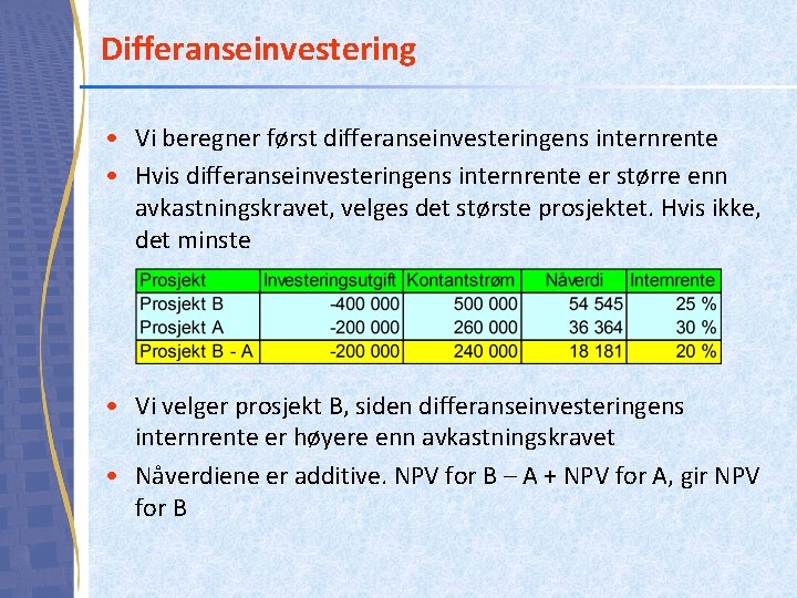 Differanseinvestering • Vi beregner først differanseinvesteringens internrente • Hvis differanseinvesteringens internrente er større enn