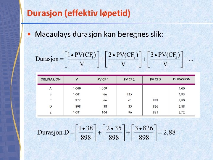 Durasjon (effektiv løpetid) • Macaulays durasjon kan beregnes slik: 