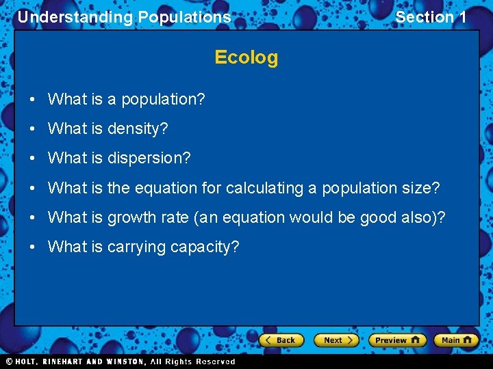 Understanding Populations Section 1 Ecolog • What is a population? • What is density?