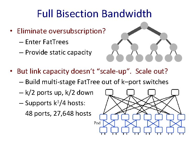 Full Bisection Bandwidth • Eliminate oversubscription? – Enter Fat. Trees – Provide static capacity