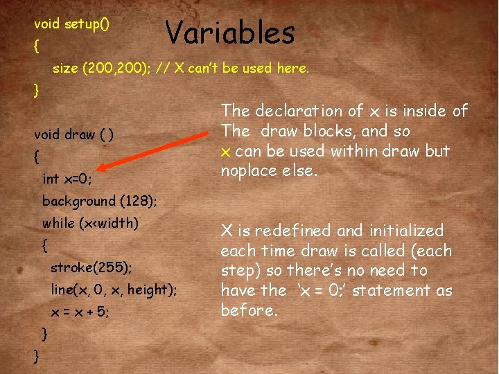 void setup() { Variables size (200, 200); // X can’t be used here. }