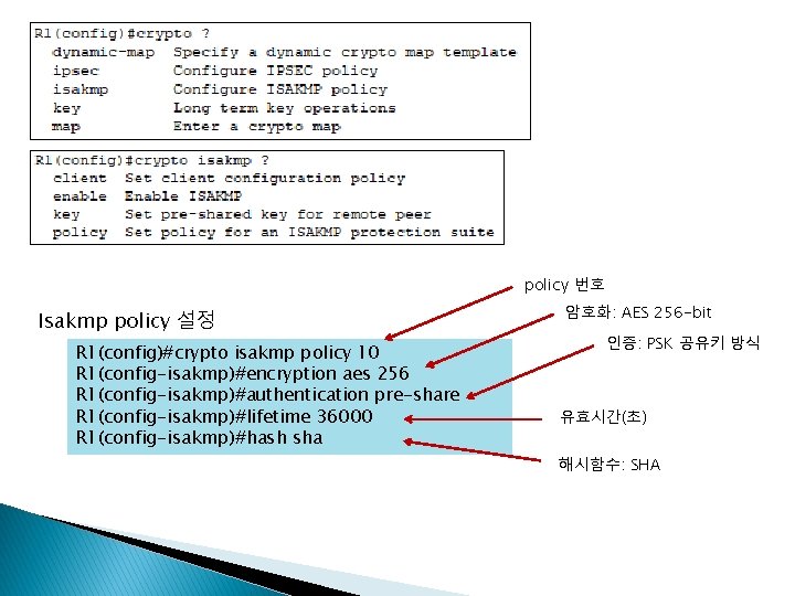 policy 번호 Isakmp policy 설정 R 1(config)#crypto isakmp policy 10 R 1(config-isakmp)#encryption aes 256