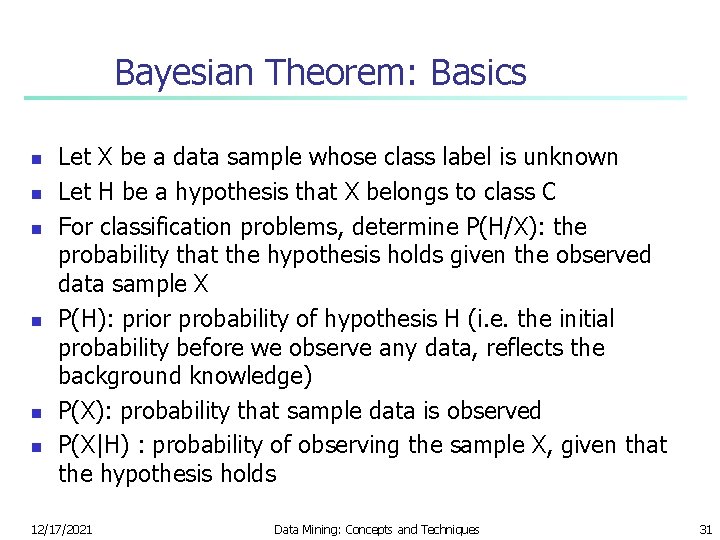 Bayesian Theorem: Basics n n n Let X be a data sample whose class