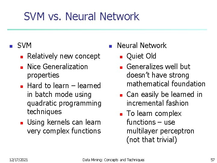 SVM vs. Neural Network n SVM n Relatively new concept n Nice Generalization properties