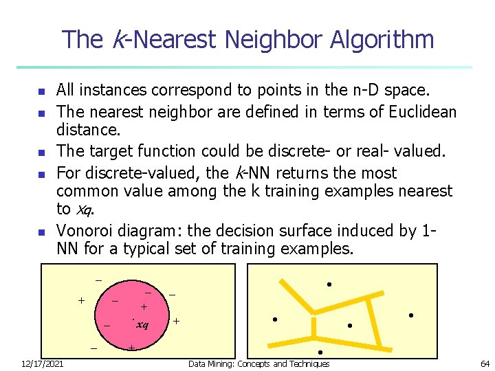 The k-Nearest Neighbor Algorithm n n n All instances correspond to points in the